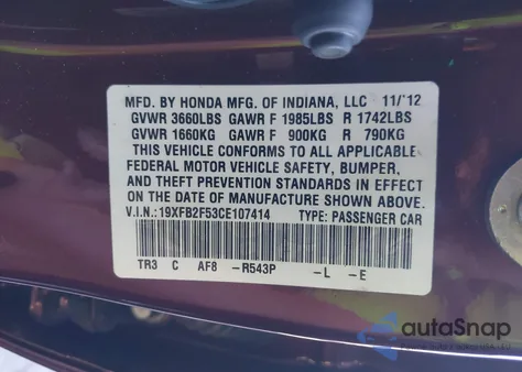 2012 Honda Civic Lx from USA, damaged, VIN 19XFB2F53CE107414